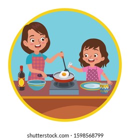 a mother and daughter are cooking together, the child helps her mother cook by pouring some salt