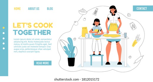 Mother daughter cooking together at home kitchen. Mom teaching cheerful girl child to bake cookies. Parent and child joint leisure. Happy childhood. Family bonding relationship. Landing page