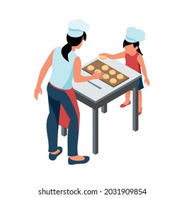 Mother and daughter cooking together in kitchen isometric vector illustration