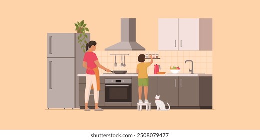 Madre e hija cocinando juntas en la cocina, la familia y el concepto de estilo de vida