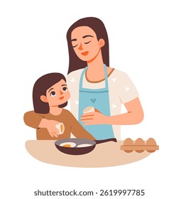 Mother and daughter cooking together in the kitchen. Mom and child preparing a healthy breakfast with eggs. Flat vector illustration.