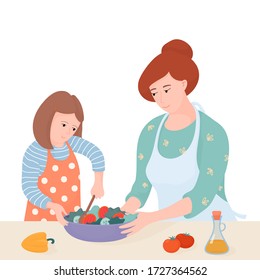 Mother and daughter cooking together, mom helping her kid to make a salad, flat cartoon vector illustration isolated on white background. Mom and daughter cooking together, making a salad