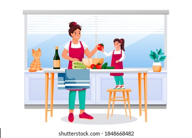 Mother and daughter cooking vegetable salad in kitchen. Mom and little girl make healthy dietic lunch or dinner. Vector characters illustration. Family leisure lifestyle, home meal recipes concept