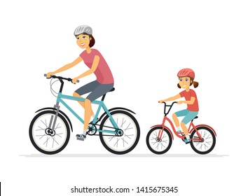 Mother and daughter cycling - cartoon people characters illustration on white background. Young smiling parent and her kid going on a ride on bicycles, having a good time together. Family concept