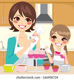 Mother and daughter decorating sweet cupcakes together with strawberry cream in kitchen