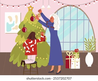 Mother and daughter decorating Xmas tree. Happy people preparing festive decoration, Christmas fir for winter holiday at home. Flat vector illustration isolated hand drawn.