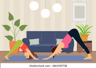 Mother and daughter do exercises at home in the living room on a yoga Mat. Sporty female models doing yoga at home. Stay calm during the quarantine concept. Vector illustration