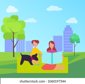 Mother and daughter with dog vector on background of skyscrapers in city park. Adult woman sitting on green blanket with young kid standing beside puppy