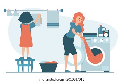 Mother and daughter doing domestic daily routine together vector isolated. Mother take clean clothes out of the washing machine and child hanging them on rope to dry.