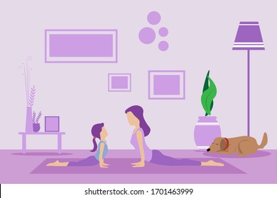 Mother and daughter doing exercise at home in a living room on a yoga mat. Sporty female models exercising yoga at home. Keep calm during quarantine concept, vector illustration and copy space