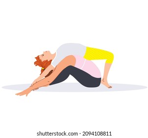 Mother and daughter doing fitness exercise together. back stretching pose.