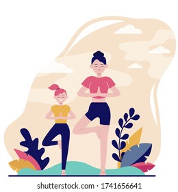 Mother and daughter doing fitness outdoors flat vector illustration. Cartoon female characters training healthy exercise in park. Sport workout and leisure concept