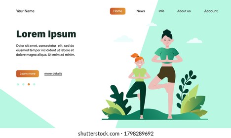 Mother and daughter doing fitness outdoors flat vector illustration. Cartoon female characters training healthy exercise in park. Sport workout and leisure concept
