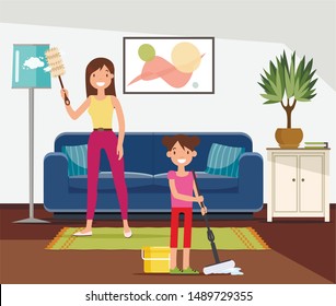 Mother And Daughter Doing Household Chores Flat Cartoon Vector Illustration. Parent And Child Happily Cleaning Apartment. Mom Wipes Dust From Lamp. Girl Washing Floor. Living Room Interior.