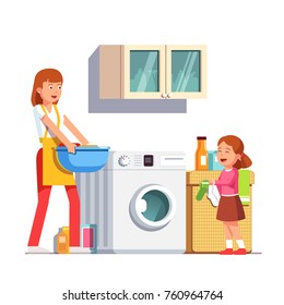 Mother & daughter doing housework chores together at home laundry room with washing machine. Kid helping laundry giving sock. Housewife woman carrying clean clothes basin. Flat vector illustration.