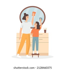 Mother and daughter doing housework together. Washing mirror in bathroom. Flat vector illustration isolated on white background