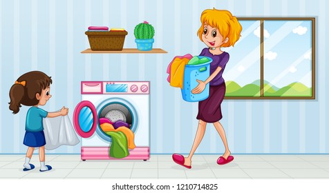 Mother and daughter doing laundry illustration