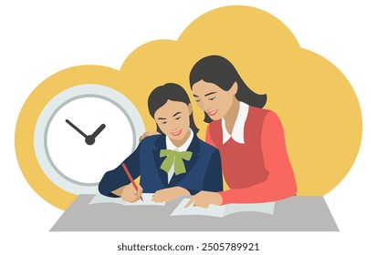 A mother and daughter are doing lessons or a teacher is teaching a student. Tutoring and training. Flat design. Vector illustration