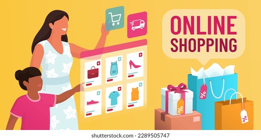 Mother and daughter doing online shopping and ordering clothes on a virtual interface, banner with copy space