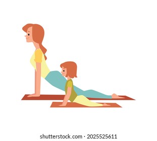 Mother and daughter doing sport exercise together, flat vector illustration isolated on white background. Parents and children family relationships and friendship.