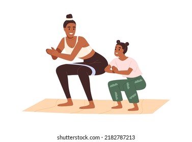 Mother and daughter doing squat exercise together. Happy active family, mom and girl kid training. Healthy workout of woman parent and child. Flat vector illustration isolated on white background