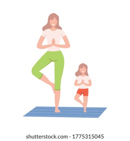 Mother and Daughter Doing Yoga Exercise, Mom and Kid Doing Sports Together Flat Style Vector Illustration