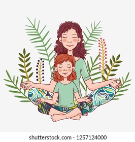 Mother and daughter doing yoga. Family yoga vector illustration - Vector 