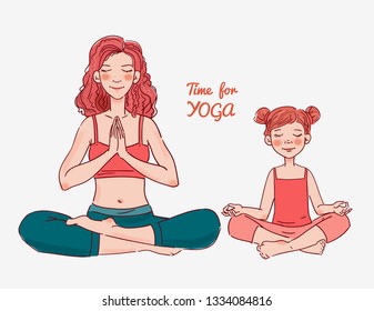 Mother and daughter doing yoga. Family yoga vector illustration