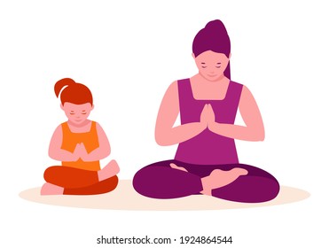 Mother and daughter are doing yoga. Family fitness concept. Vector illustration in flat cartoon style. Isolated on a white background.
