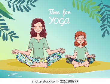 Mother and daughter doing yoga. Family yoga vector illustration. Summer landscape background