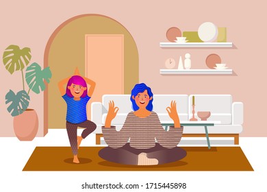 Mother and daughter doing yoga at home, great design for any purposes. Happy family sport activity. Family staying home. Healthy lifestyle. Happy cheerful family.