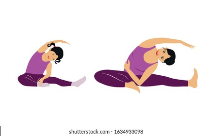 Mother and daughter doing yoga.Young Mother and daughter doing yoga, exercises together. Vector illustration, isolated on white background.