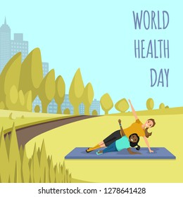 Mother and Daughter DoingYyoga Sport City Park. Smiling Woman and Child Celebrate World Health Day with Fitness Workout Park in Outdoor. Against Backdrop Silhouettes Building. Healthy Lifestyle