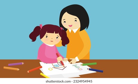 Mother and daughter drawing at home. Vector illustration in flat style.