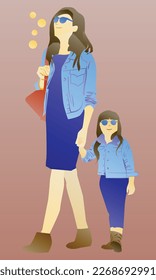 Mother and daughter dressed casually and wearing blue glasses holding hands smiling
