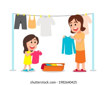 Mother and daughter drying clothes together happily