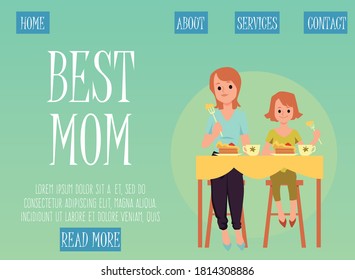 Mother and daughter eating food together - website banner template with cartoon woman and girl sitting at kitchen table having lunch, vector illustration.