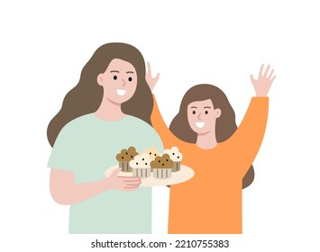 Mother And Daughter Eating Homemade Cupcakes. Happy Family Baking Food At Home Together. Lifestyle, Food Recipe, Cooking, Leisure Concept. Flat Cartoon People Vector Design Illustration.