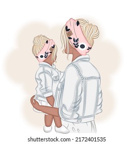 Mother and daughter in an embrace, headbands, jeans, back view, boho fashion style, vector illustration print