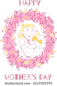 Mother and Daughter Embrace - Pink Floral Frame. Mother's day card.