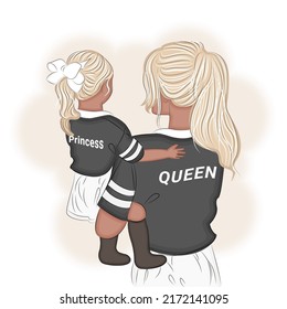 Mother And Daughter In An Embrace, T-shirt With The Word Queen And Princess On The Back, Cool, Vector Illustration Print