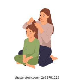 Mother and daughter engage in a bonding moment as one gently braids the other's hair while seated on the floor. The scene captures a sense of warmth and closeness. Vector illustration.
