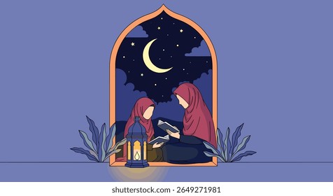 A Mother and Daughter Engage in Religious Study Together During a Peaceful Evening Under the Crescent Moon