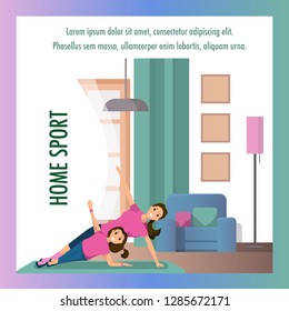 Mother and Daughter Engaged Fitness Home Interior. Square Banner Image Home Sport. Happy Smiling Woman and Child Yoga Pose Background Window with Green Curtain. Healthy Lifestyle.