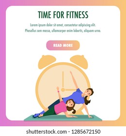 Mother and Daughter Engaged Fitness Sport Training. Square Banner Image Time for Fitness. Happy Smiling Woman and Child Yoga Pose against Background Silhouette Big Clock. Healthy Family Lifestyle
