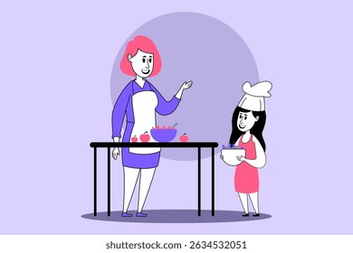 Mother and daughter engaged in fun cooking activity in kitchen. Mother gesturing while daughter, in chef hat, holding bowl, showcasing joyful moment
