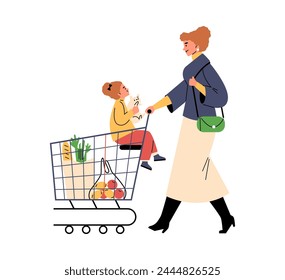 Mother and daughter enjoy grocery shopping in a vibrant vector illustration, featuring a child in a cart and fresh produce.