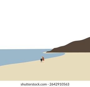 Mother and daughter enjoying on the beach during holiday vacation. Minimal Nature landscape. 