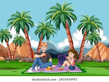Mother and daughter enjoying picnic under palm trees.