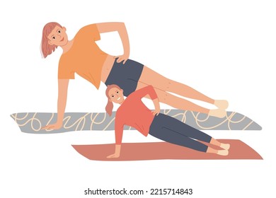 Mother and daughter exercise at home and make a side plank